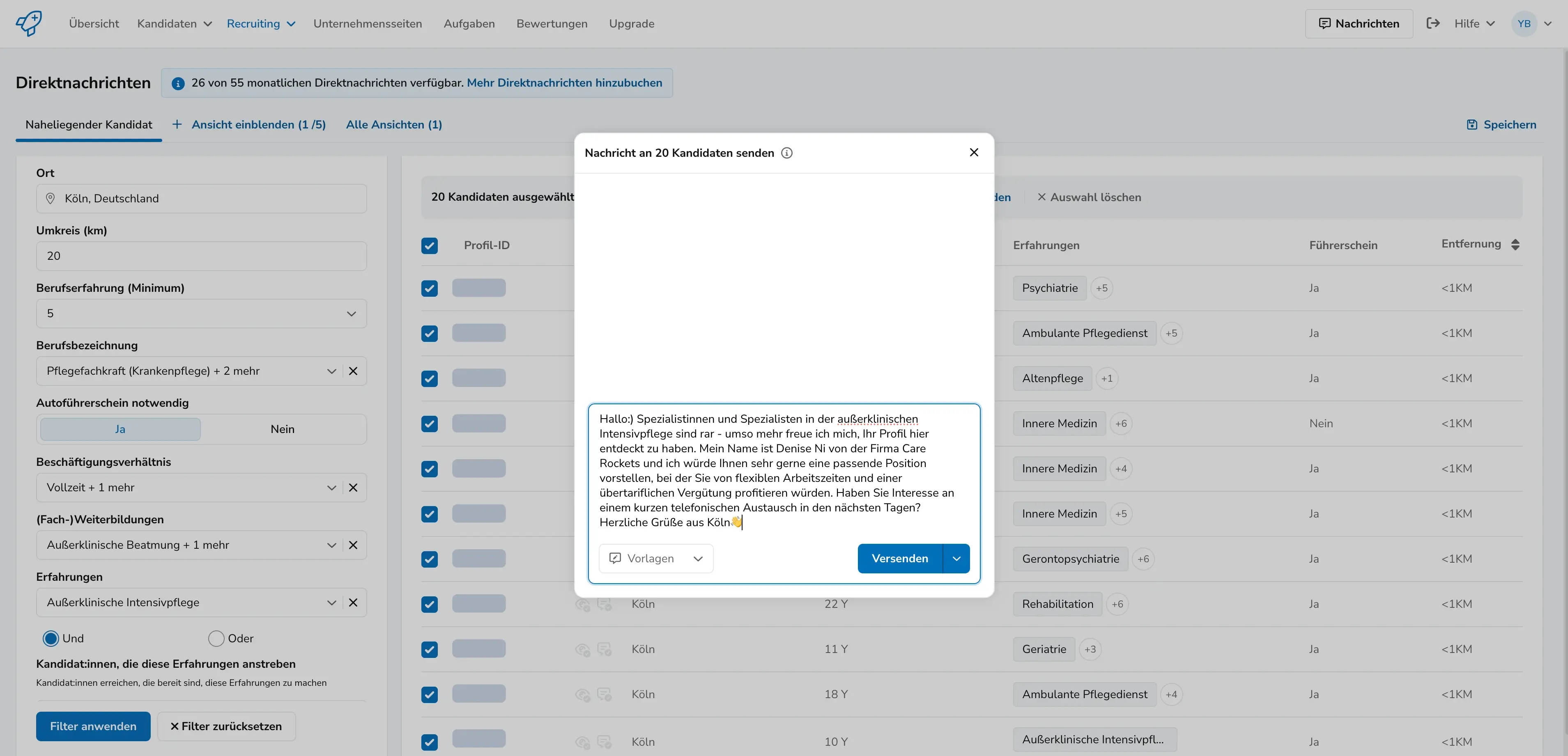 Screenshot vom Bulk-Message-Feature in der Care Rockets Plattform