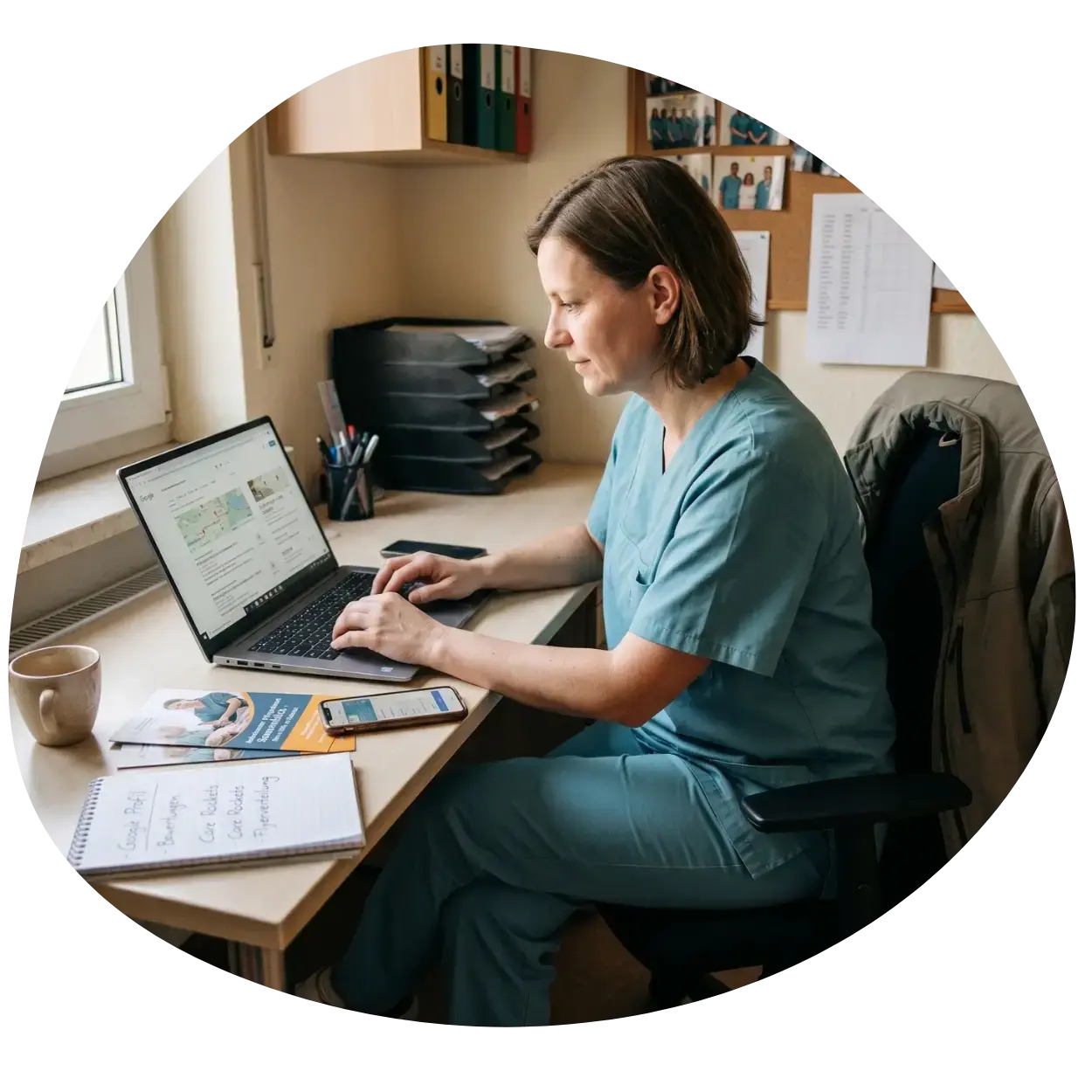 Pflegedienstleiterin in Pflegekleidung sitzt an ihrem Schreibtisch und optimiert das Google Unternehmensprofil ihres ambulanten Pflegedienstes