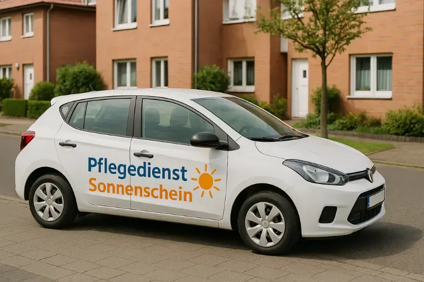 Fahrzeug eines ambulanten Pflegedienstes in einem Wohngebiet Fahrzeug eines ambulanten Pflegedienstes in einem Wohngebiet
