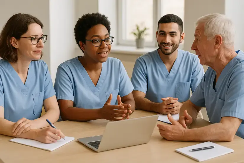 Pflegekräfte eines ambulanten Pflegedienstes im Teamgespräch Pflegekräfte eines ambulanten Pflegedienstes im Teamgespräch